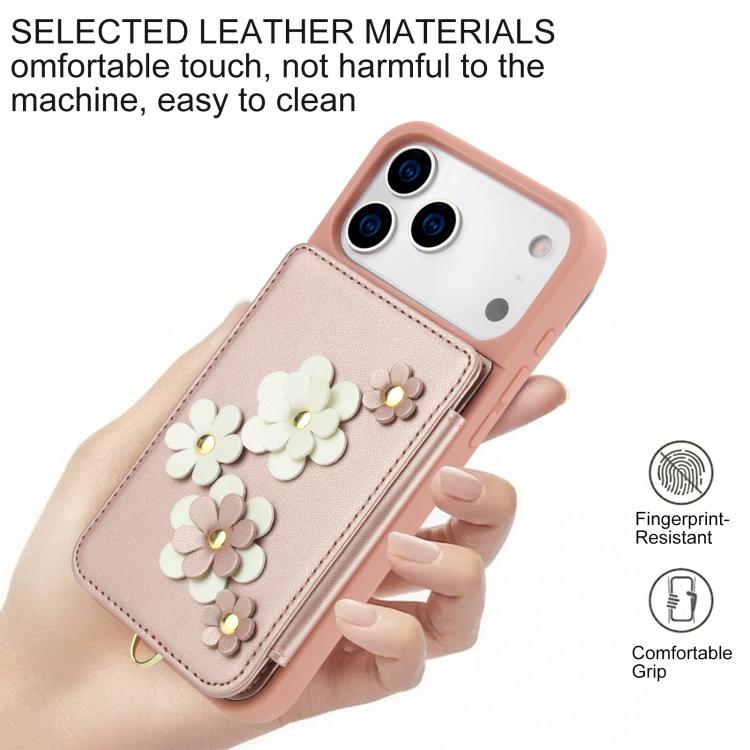 For iPhone 17 Pro Crossbody Flower Pattern Leather Phone Case