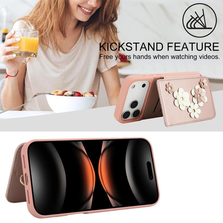 For iPhone 17 Pro Crossbody Flower Pattern Leather Phone Case