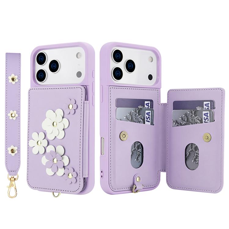 For iPhone 17 Pro Crossbody Flower Pattern Leather Phone Case