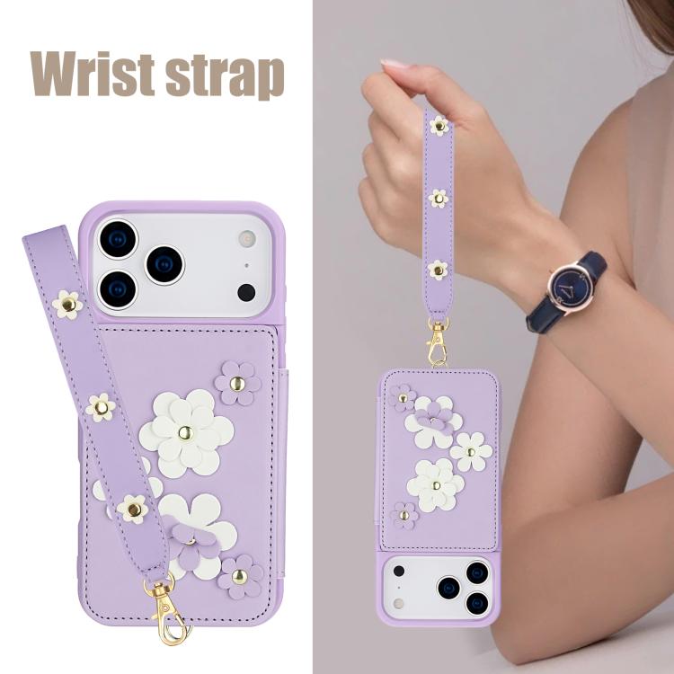 For iPhone 17 Pro Crossbody Flower Pattern Leather Phone Case