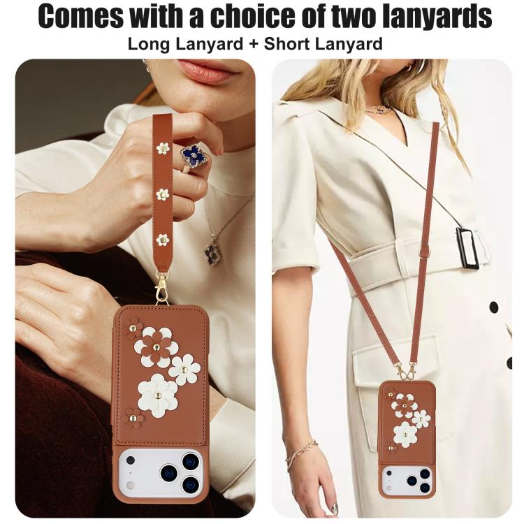 For iPhone 17 Pro Crossbody Flower Pattern Leather Phone Case