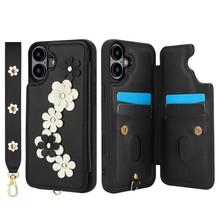 For iPhone 17 Crossbody Flower Pattern Leather Phone Case