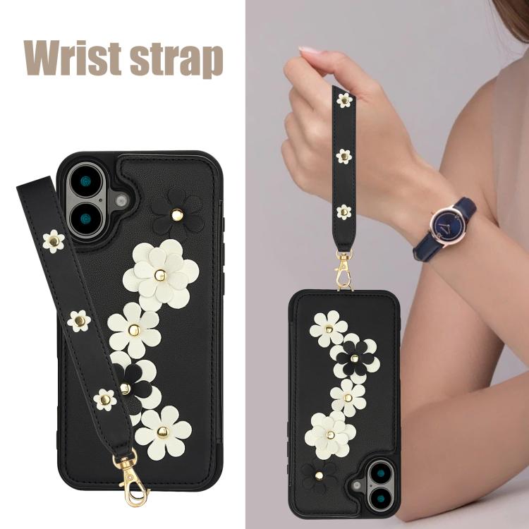 For iPhone 17 Crossbody Flower Pattern Leather Phone Case