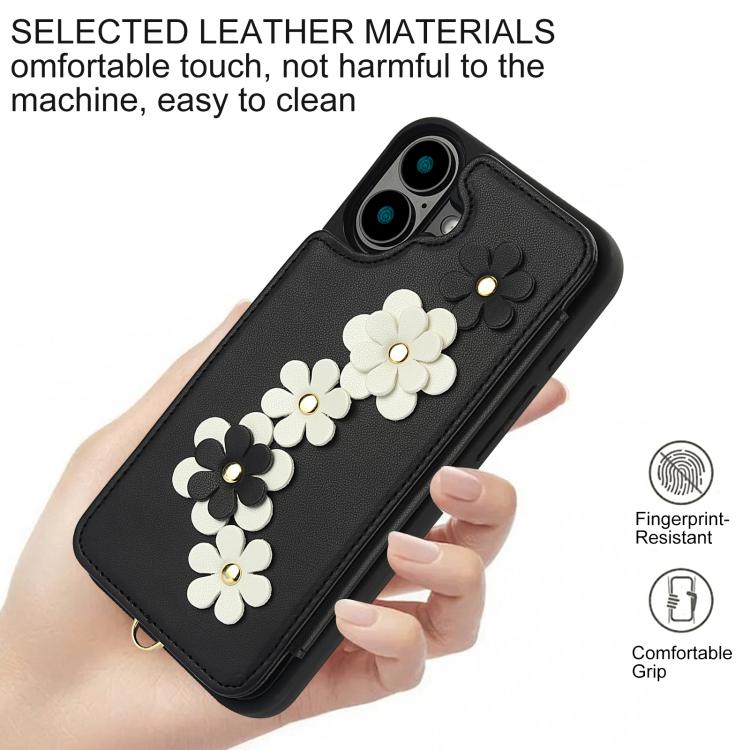 For iPhone 17 Crossbody Flower Pattern Leather Phone Case