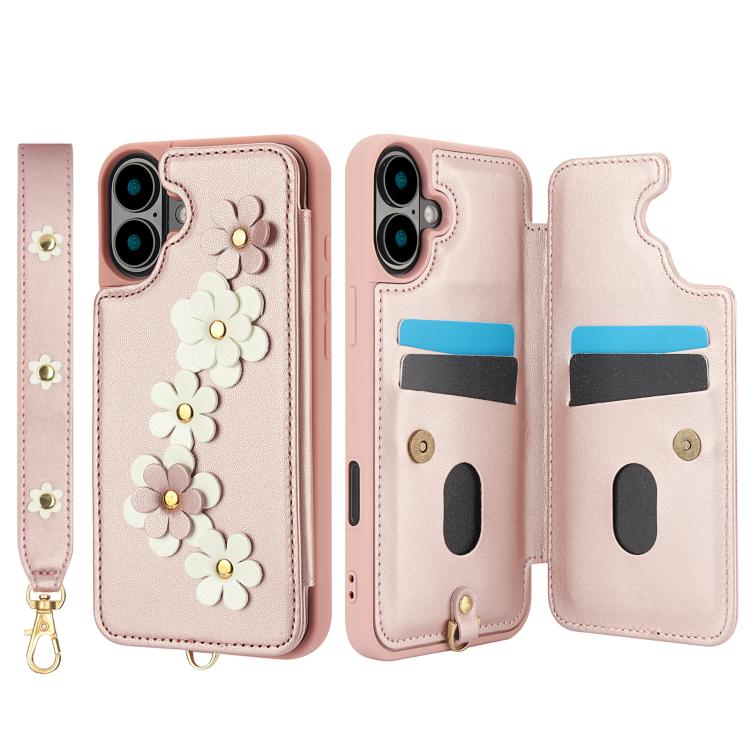 For iPhone 17 Crossbody Flower Pattern Leather Phone Case