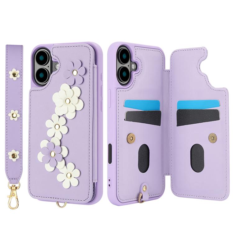 For iPhone 17 Crossbody Flower Pattern Leather Phone Case