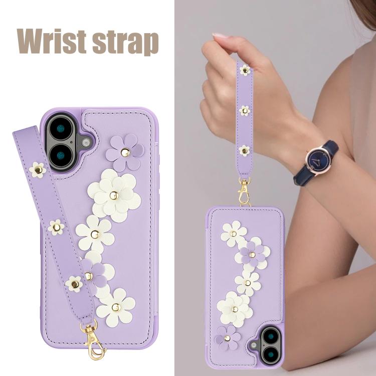 For iPhone 17 Crossbody Flower Pattern Leather Phone Case