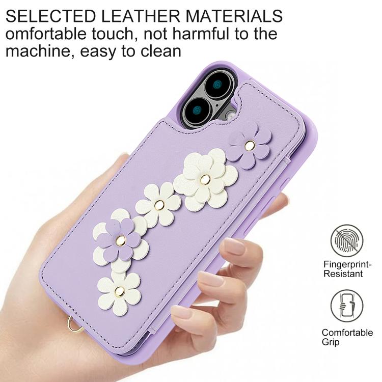 For iPhone 17 Crossbody Flower Pattern Leather Phone Case