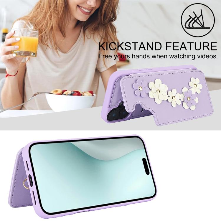For iPhone 17 Crossbody Flower Pattern Leather Phone Case