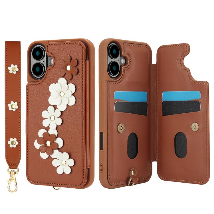 For iPhone 17 Crossbody Flower Pattern Leather Phone Case