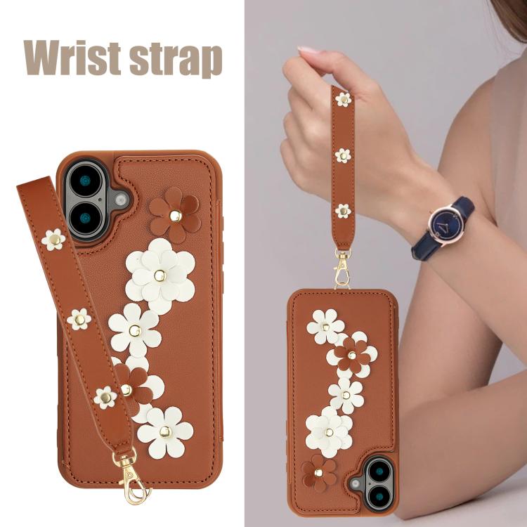 For iPhone 17 Crossbody Flower Pattern Leather Phone Case