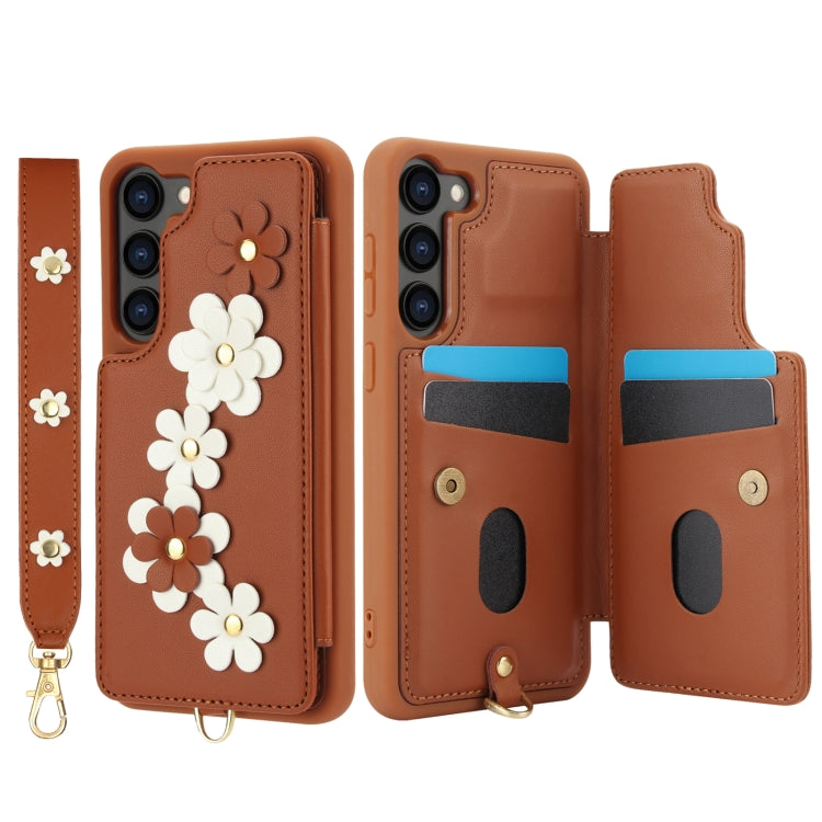 For Samsung Galaxy S22+ 5G Crossbody Flower Pattern Leather Phone Case