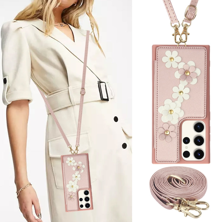 For Samsung Galaxy S22 Ultra 5G Crossbody Flower Pattern Leather Phone Case