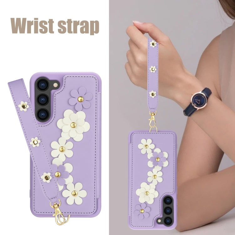 For Samsung Galaxy S23+ 5G Crossbody Flower Pattern Leather Phone Case