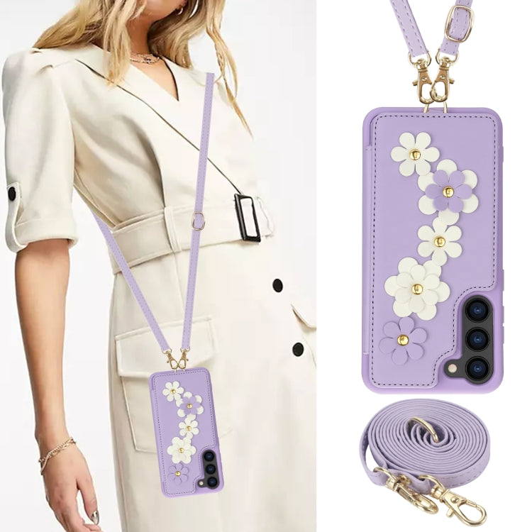 For Samsung Galaxy S23+ 5G Crossbody Flower Pattern Leather Phone Case