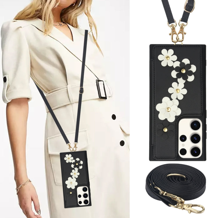 For Samsung Galaxy S23 Ultra 5G Crossbody Flower Pattern Leather Phone Case