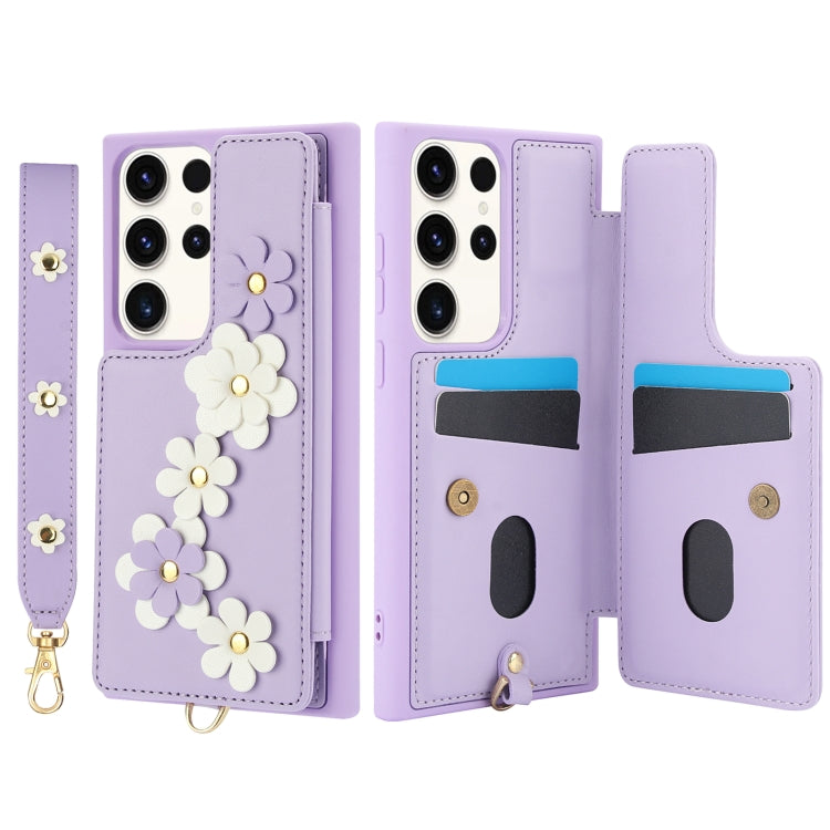 For Samsung Galaxy S23 Ultra 5G Crossbody Flower Pattern Leather Phone Case