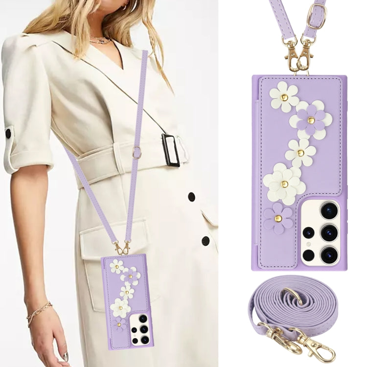 For Samsung Galaxy S23 Ultra 5G Crossbody Flower Pattern Leather Phone Case