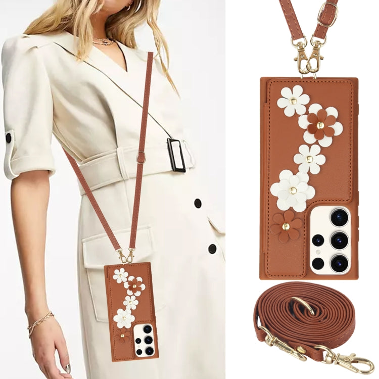 For Samsung Galaxy S23 Ultra 5G Crossbody Flower Pattern Leather Phone Case