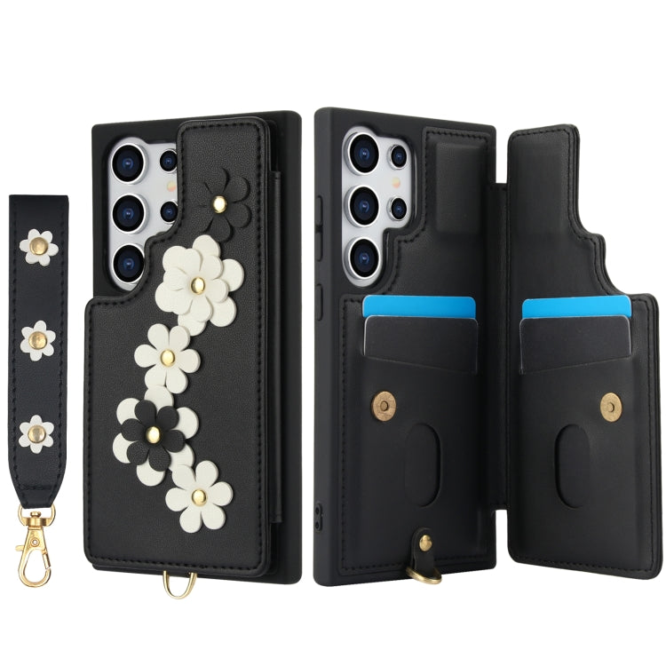 For Samsung Galaxy S24 Ultra 5G Crossbody Flower Pattern Leather Phone Case