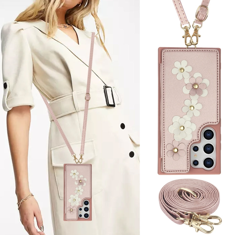 For Samsung Galaxy S24 Ultra 5G Crossbody Flower Pattern Leather Phone Case