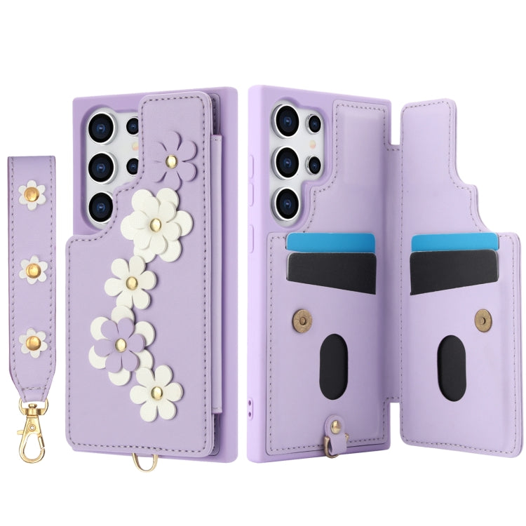 For Samsung Galaxy S24 Ultra 5G Crossbody Flower Pattern Leather Phone Case