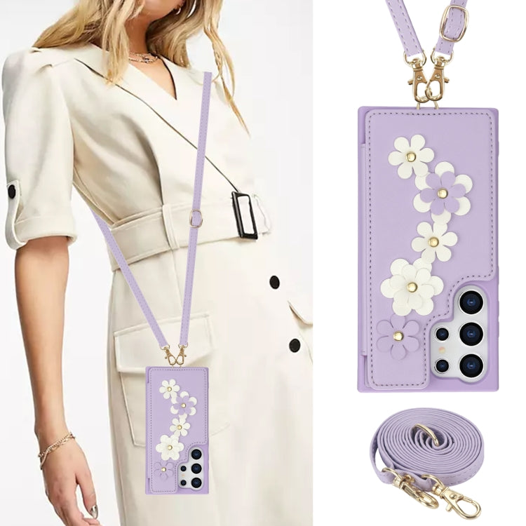 For Samsung Galaxy S24 Ultra 5G Crossbody Flower Pattern Leather Phone Case