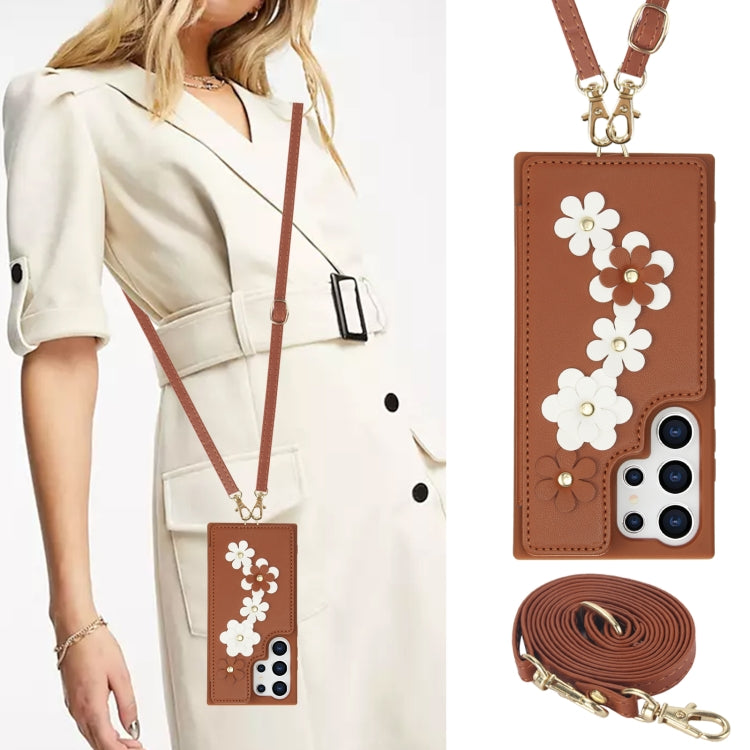 For Samsung Galaxy S24 Ultra 5G Crossbody Flower Pattern Leather Phone Case