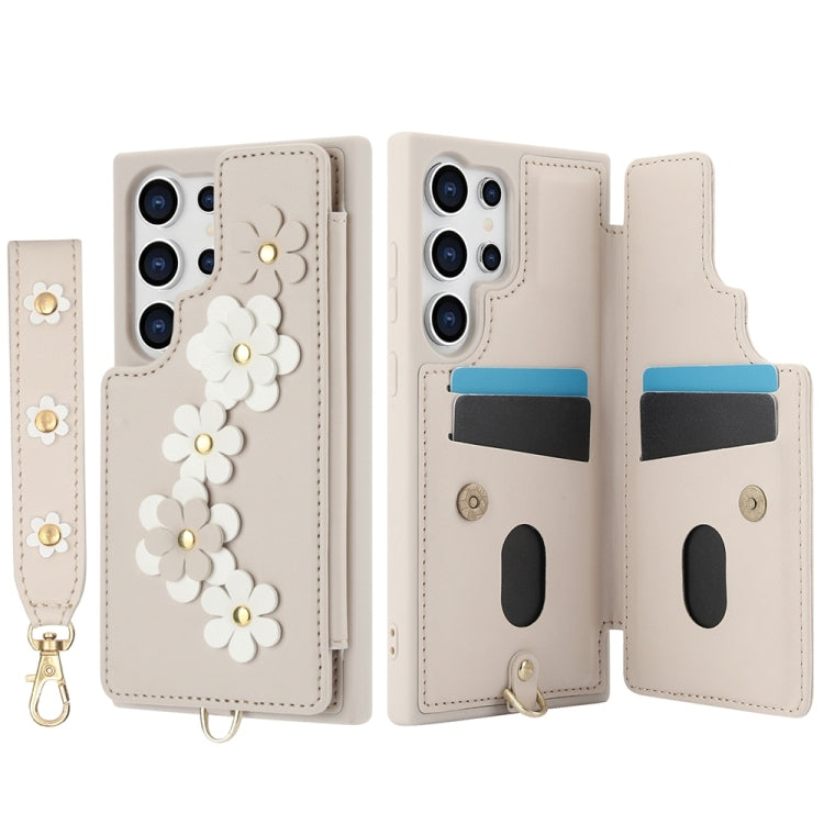 For Samsung Galaxy S25 Ultra 5G Crossbody Flower Pattern Leather Phone Case