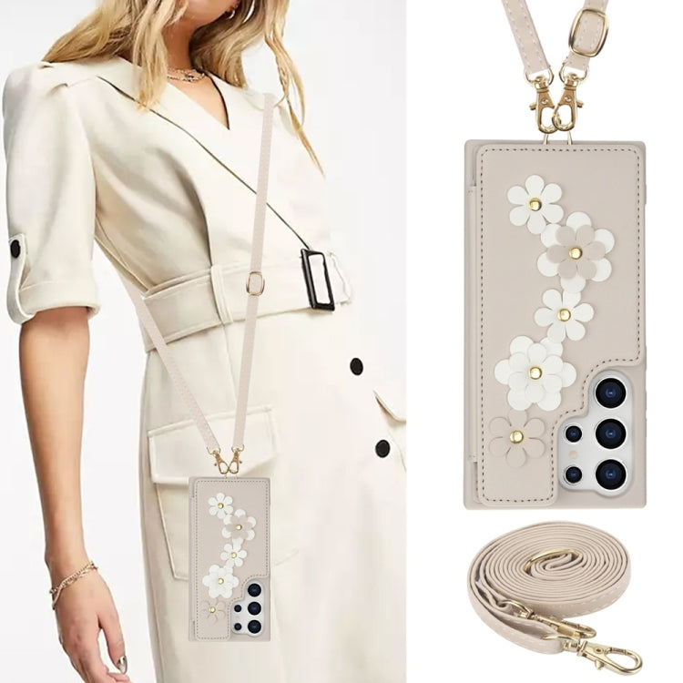 For Samsung Galaxy S25 Ultra 5G Crossbody Flower Pattern Leather Phone Case