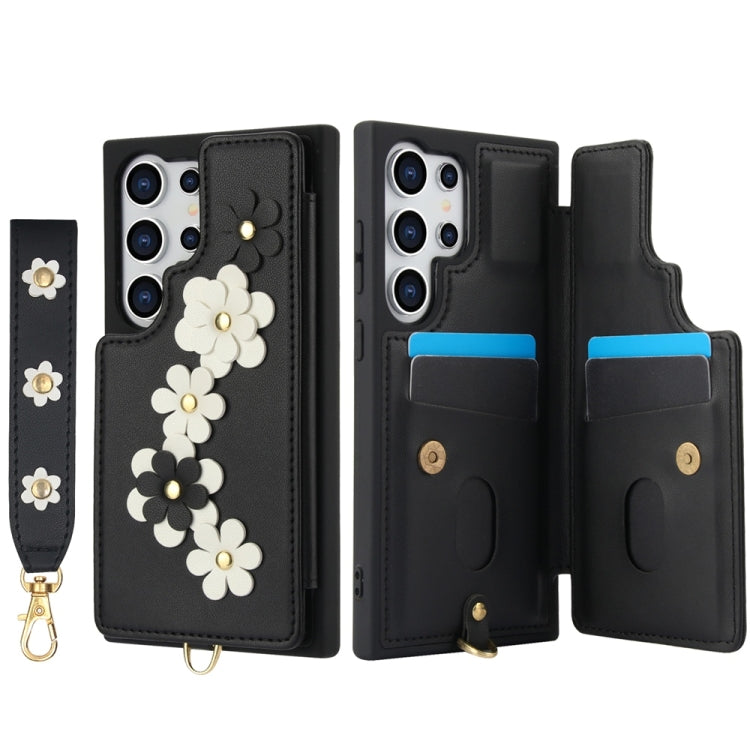For Samsung Galaxy S25 Ultra 5G Crossbody Flower Pattern Leather Phone Case