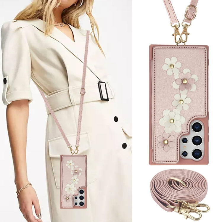 For Samsung Galaxy S25 Ultra 5G Crossbody Flower Pattern Leather Phone Case