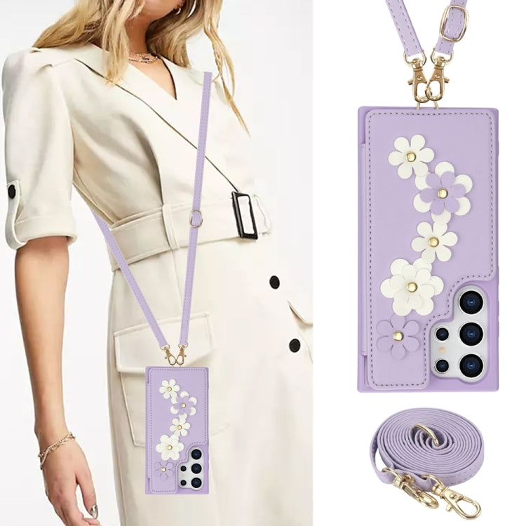 For Samsung Galaxy S25 Ultra 5G Crossbody Flower Pattern Leather Phone Case