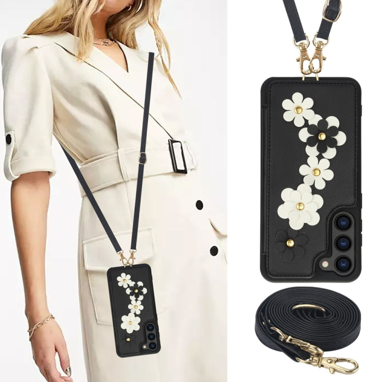 For Samsung Galaxy S25+ 5G Crossbody Flower Pattern Leather Phone Case