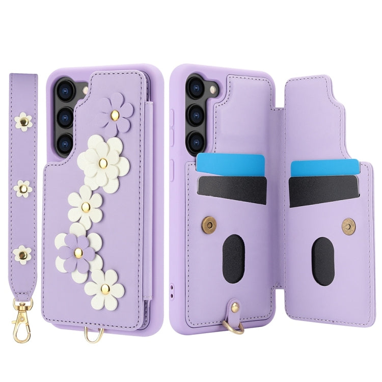 For Samsung Galaxy S25+ 5G Crossbody Flower Pattern Leather Phone Case