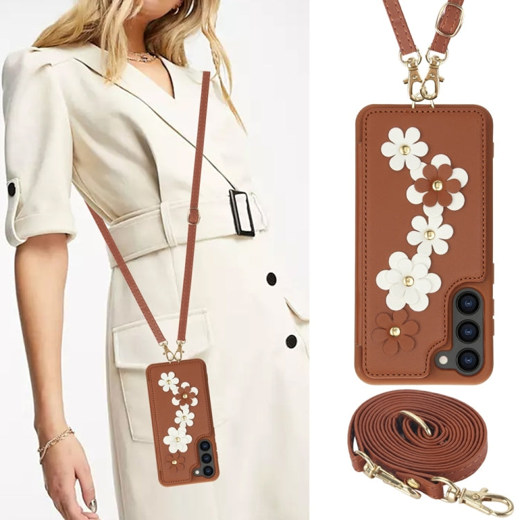 For Samsung Galaxy S25+ 5G Crossbody Flower Pattern Leather Phone Case