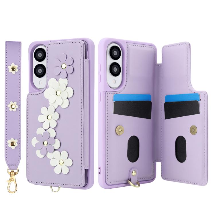 For Samsung Galaxy S25 Edge 5G Crossbody Flower Pattern Leather Phone Case