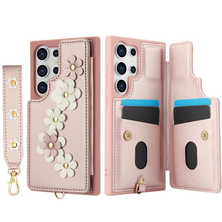 For Samsung Galaxy S26 Ultra 5G Crossbody Flower Pattern Leather Phone Case