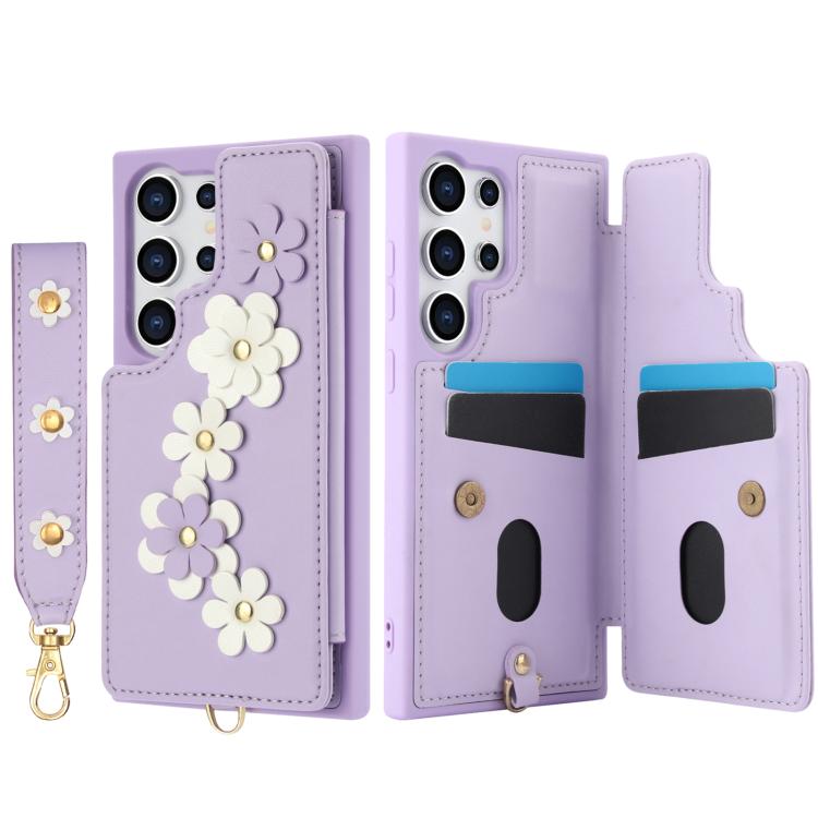 For Samsung Galaxy S26 Ultra 5G Crossbody Flower Pattern Leather Phone Case
