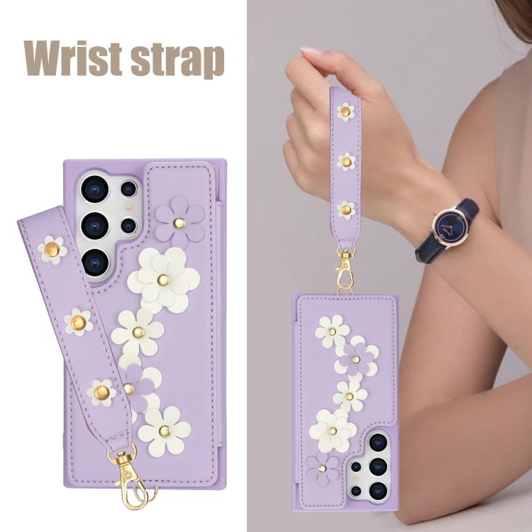 For Samsung Galaxy S26 Ultra 5G Crossbody Flower Pattern Leather Phone Case