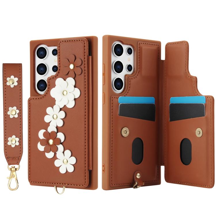 For Samsung Galaxy S26 Ultra 5G Crossbody Flower Pattern Leather Phone Case