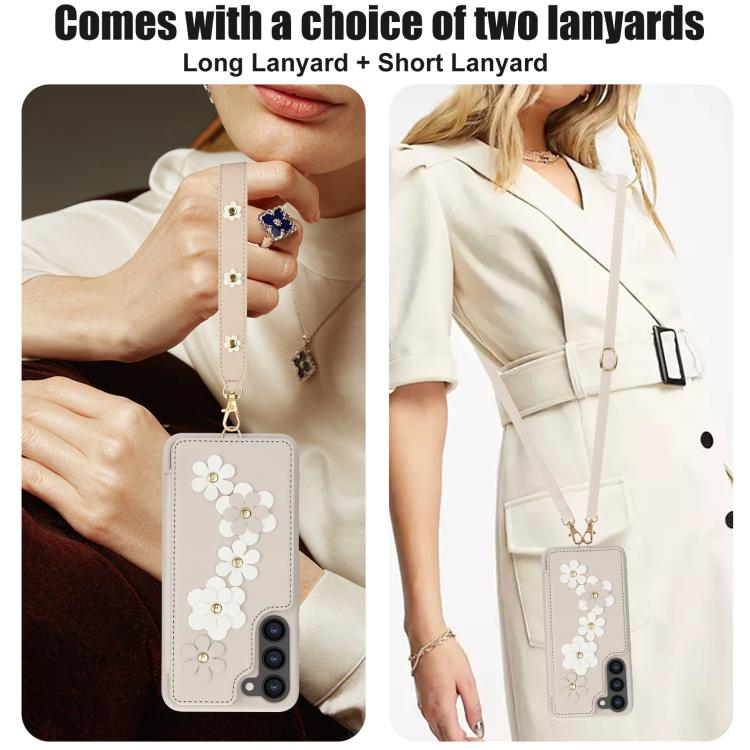 For Samsung Galaxy S26 5G Crossbody Flower Pattern Leather Phone Case