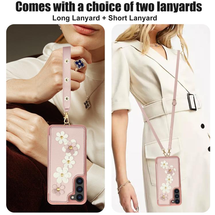 For Samsung Galaxy S26 5G Crossbody Flower Pattern Leather Phone Case