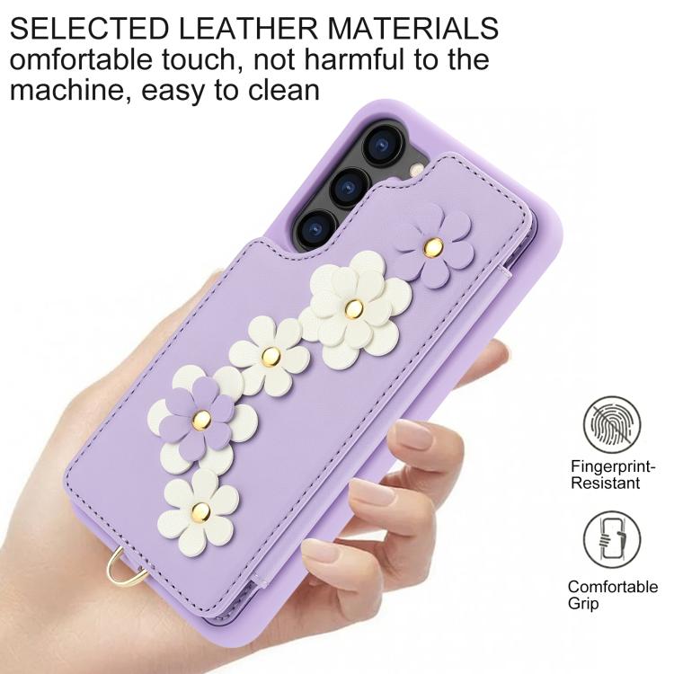 For Samsung Galaxy S26 5G Crossbody Flower Pattern Leather Phone Case