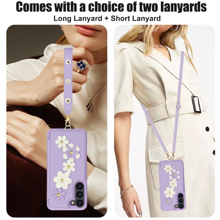 For Samsung Galaxy S26 5G Crossbody Flower Pattern Leather Phone Case