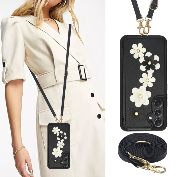 For Samsung Galaxy A54 Crossbody Flower Pattern Leather Phone Case