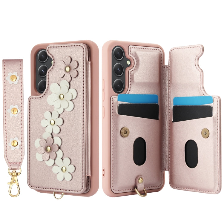 For Samsung Galaxy A54 Crossbody Flower Pattern Leather Phone Case