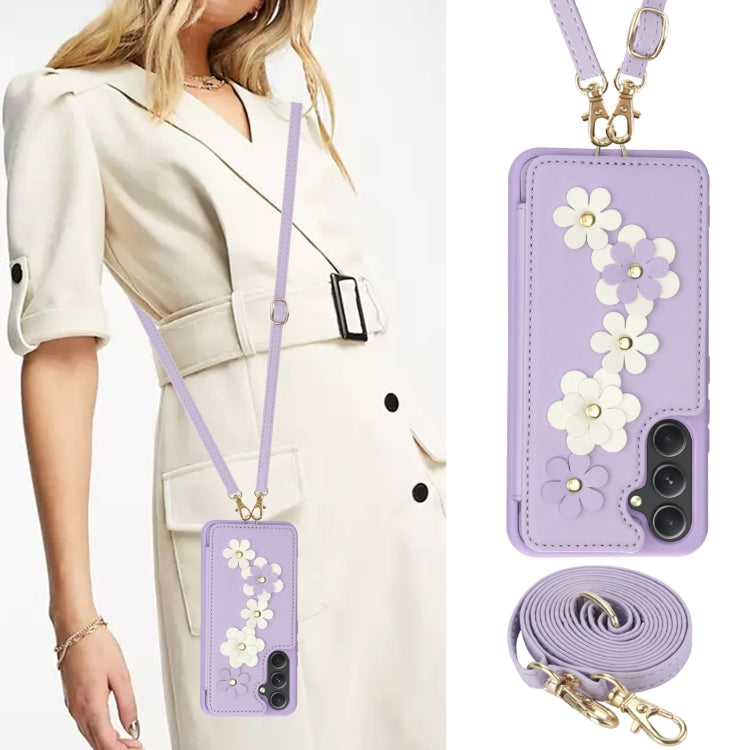 For Samsung Galaxy A54 Crossbody Flower Pattern Leather Phone Case