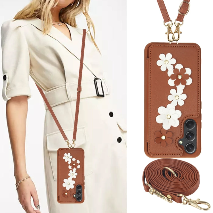 For Samsung Galaxy A34 Crossbody Flower Pattern Leather Phone Case