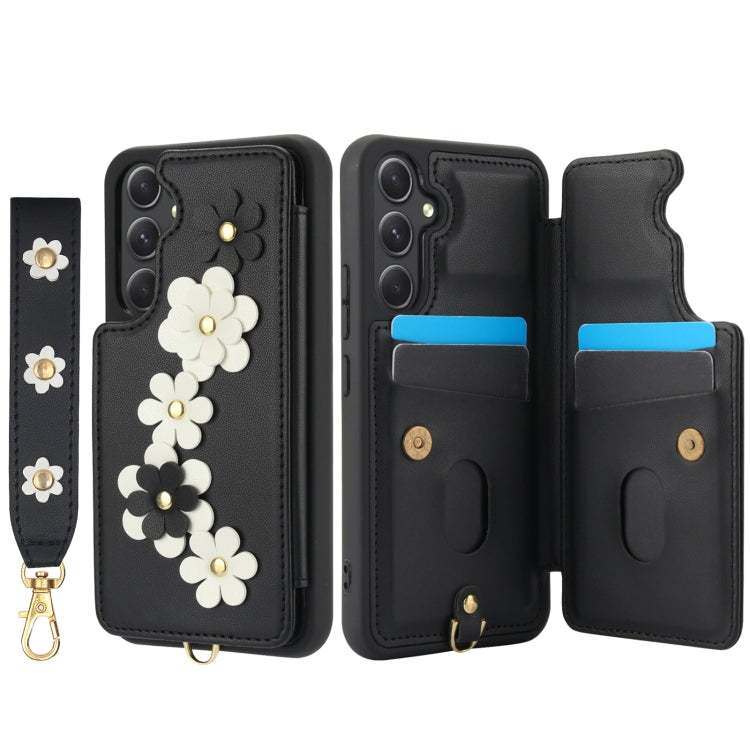 For Samsung Galaxy A15 Crossbody Flower Pattern Leather Phone Case